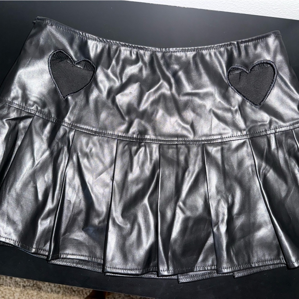 Black Faux Leather Skirt with Heart Accents